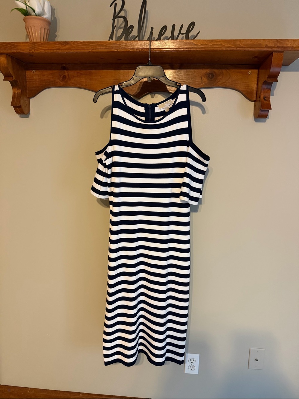 MICHAEL Michael Kors Navy and White Striped Cold-Shoulder Midi Dress